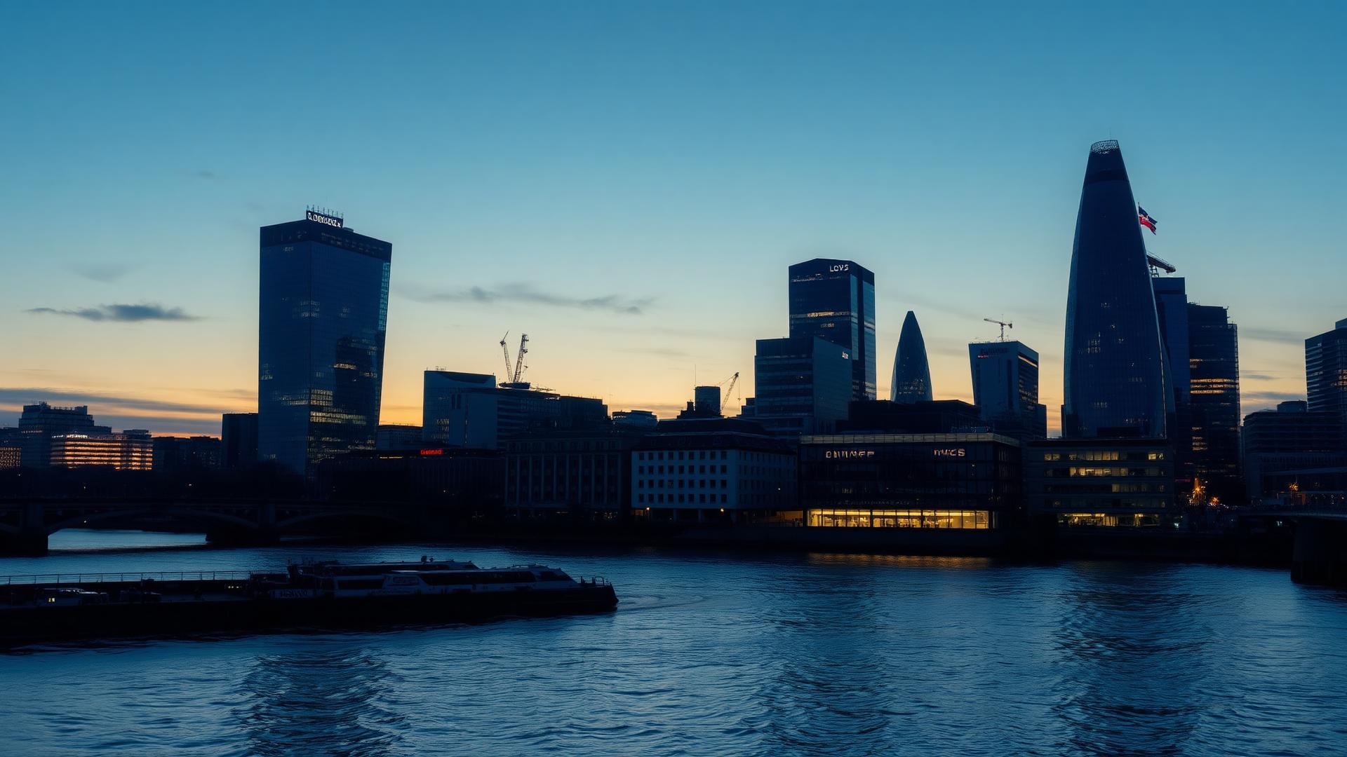 London skyline at dusk across the River Thames
